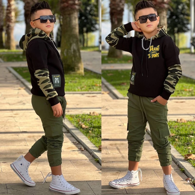 Kamufilaj kapşonlu erkek takım 