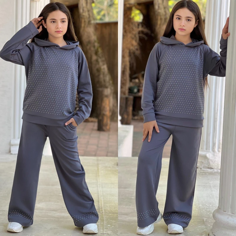 Taşlı kapşonlu ikili kız takım 