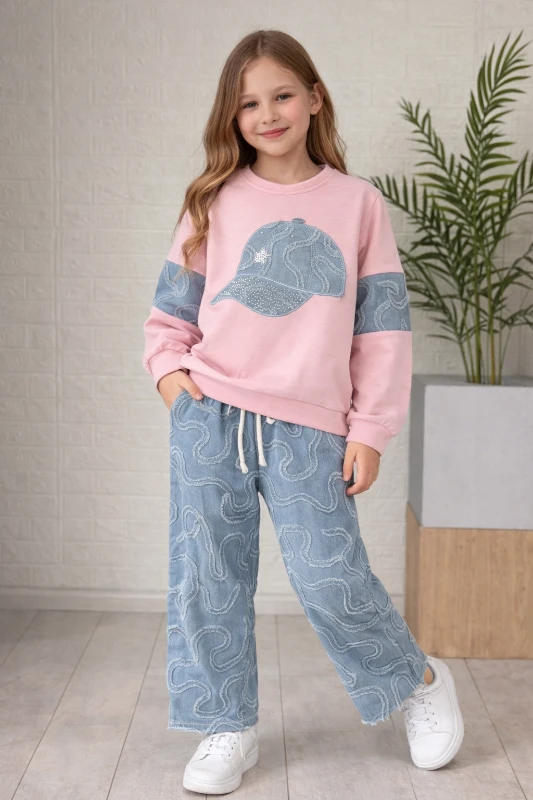 Şapka baskılı kot ikili takım