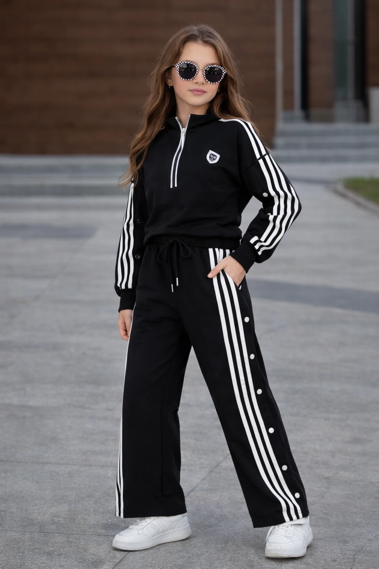 Şeritli kapşonlu ikili kız takım 