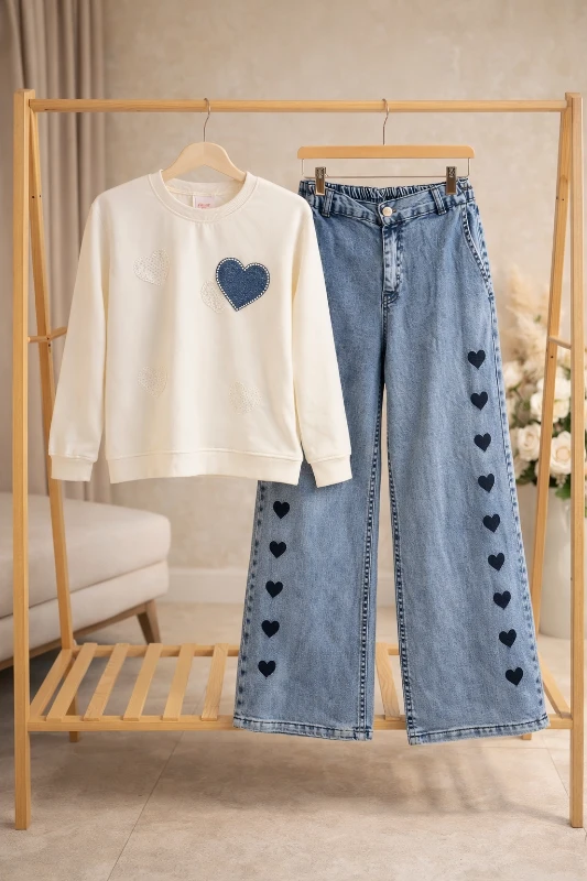 Kalp baskılı kotlu ikili kız takım 