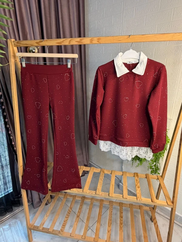 Taşlı güpürlü detaylı ikili takım 