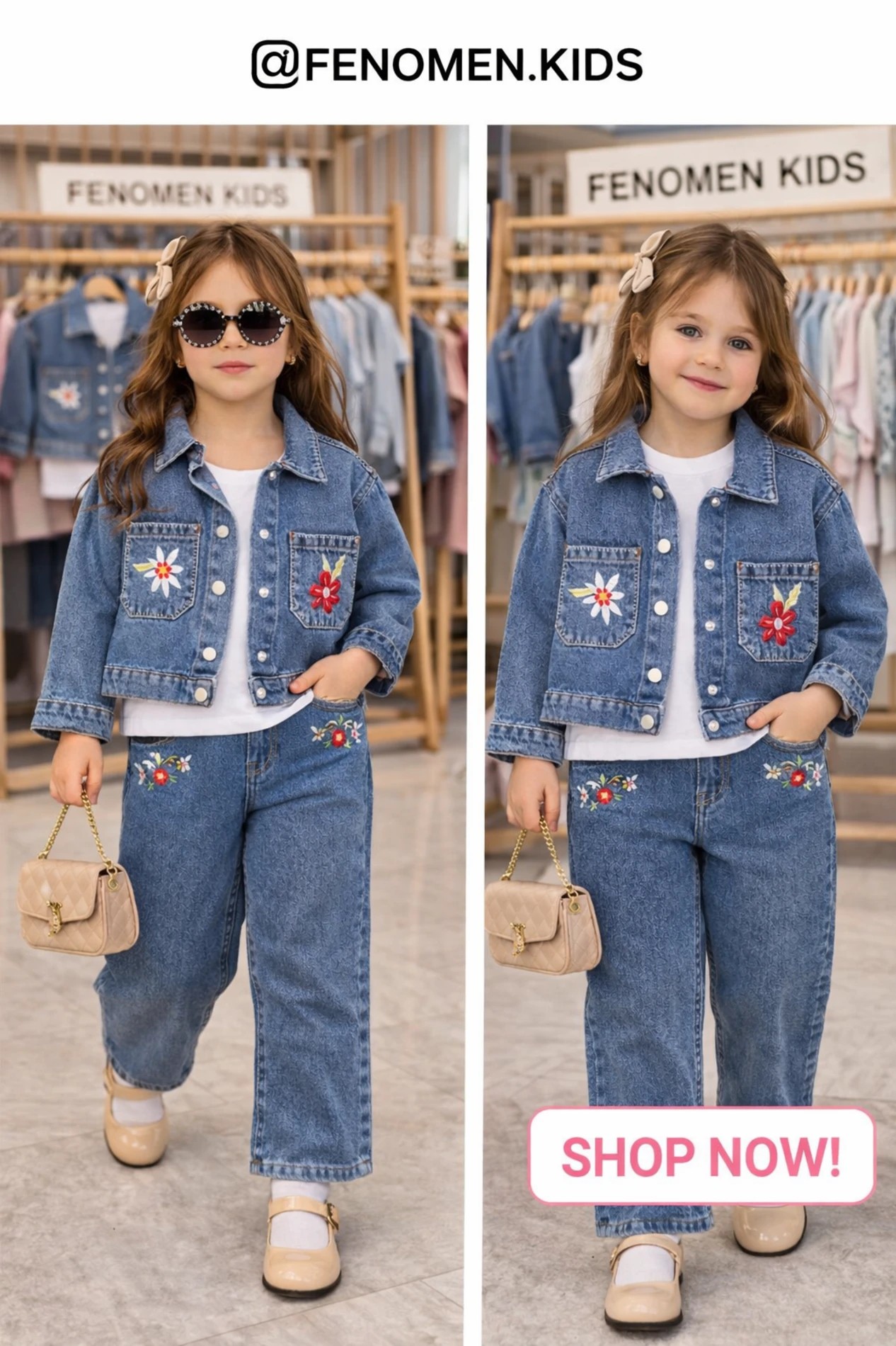 Nakışlı kot ceketli 3 lü takım 