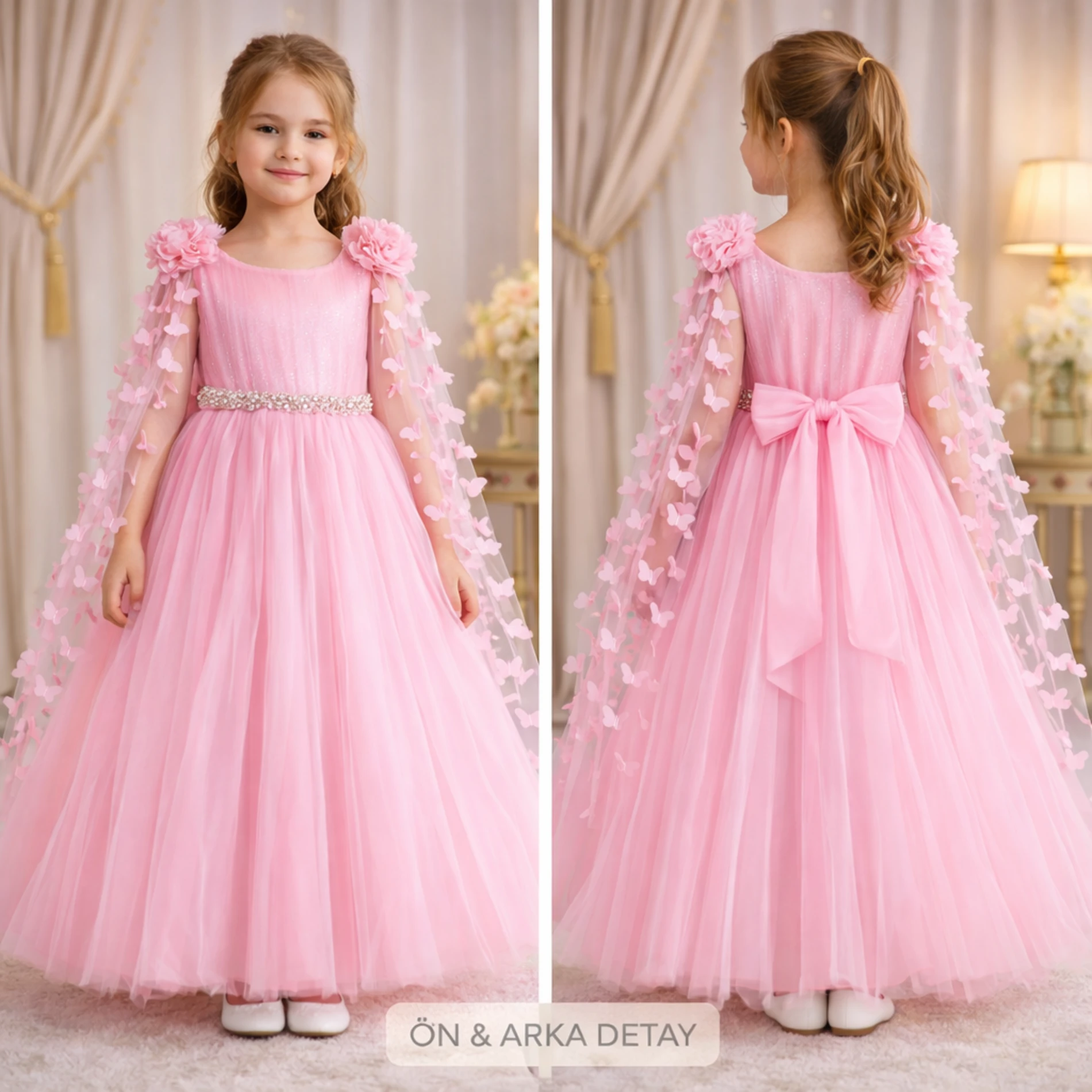 Kelebekli pelerinli kız abiye 